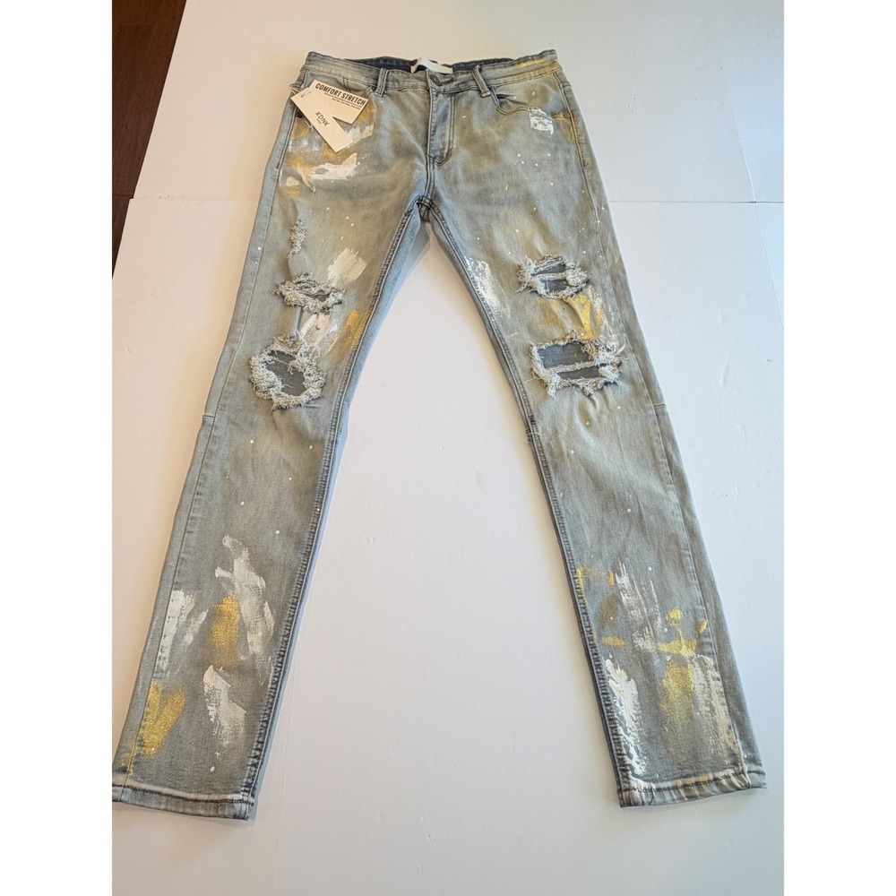 KDNK Mens Skinny Tapered Distressed Paint Splatter Jeans Blue Gold White 34 NEW